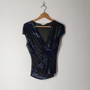 Max Mara Italy tropical leaf palm print stretch mesh V-neck blouse top sz L